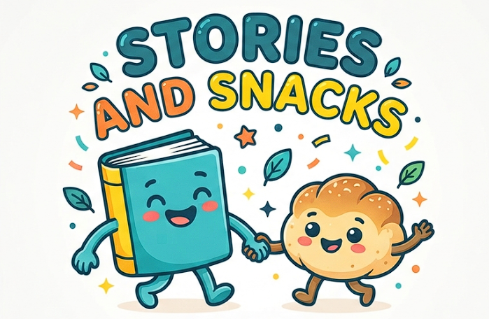 Stories and Snacks: a smiling teal book and a happy pan de sal holding hands under the project name